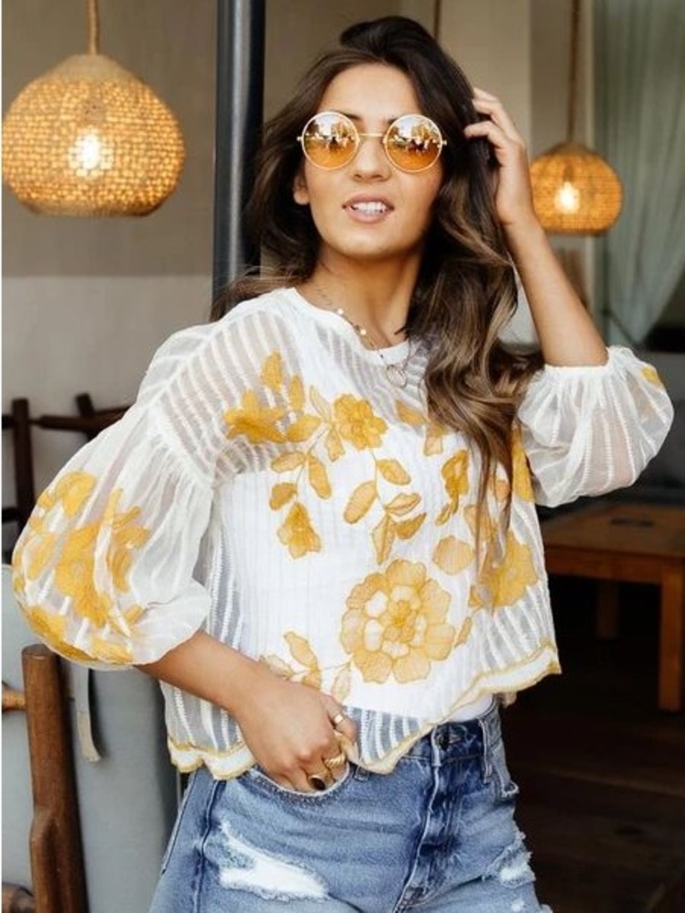 Bohme White Sheer Floral Embroidered Top with Yellow Flowers - Picture 10 of 10